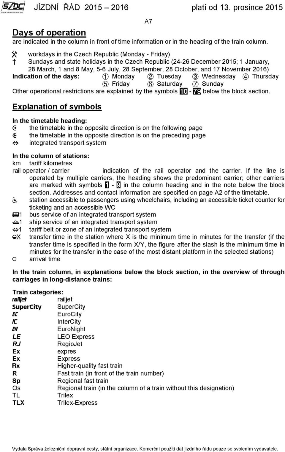 November 2016) Indication of the days: Monday Tuesday Wednesday Thursday Friday Saturday Sunday Other operational restrictions are explained by the symbols - below the block section.