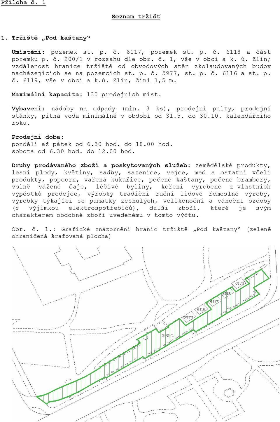 Maximální kapacita: 130 prodejních míst. Vybavení: nádoby na odpady (min. 3 ks), prodejní pulty, prodejní stánky, pitná voda minimálně v období od 31.5. do 30.10. kalendářního roku.