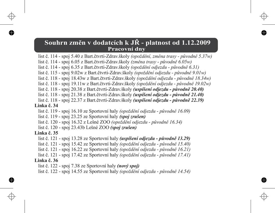 čtvrti-Zdrav.školy (opoždění odjezdu - původně 18.34w) list č. 118 - spoj 19.11w z Bart.čtvrti-Zdrav.školy (opoždění odjezdu - původně 19.02w) list č. 118 - spoj 20.38 z Bart.čtvrti-Zdrav.školy (uspíšení odjezdu - původně 20.