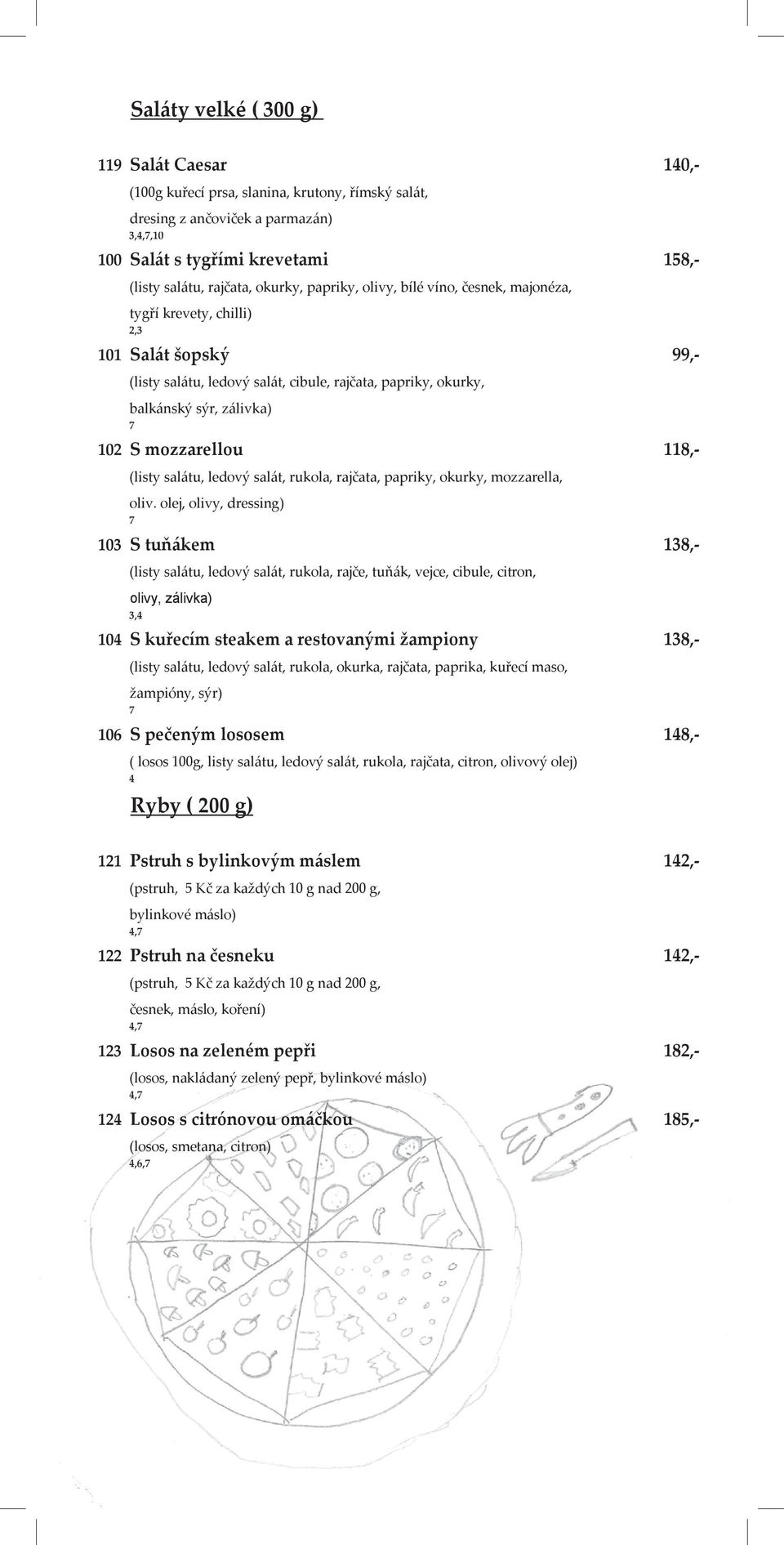 mozzarellou 118,- (listy sal{tu, ledový sal{t, rukola, rajčata, papriky, okurky, mozzarella, oliv.