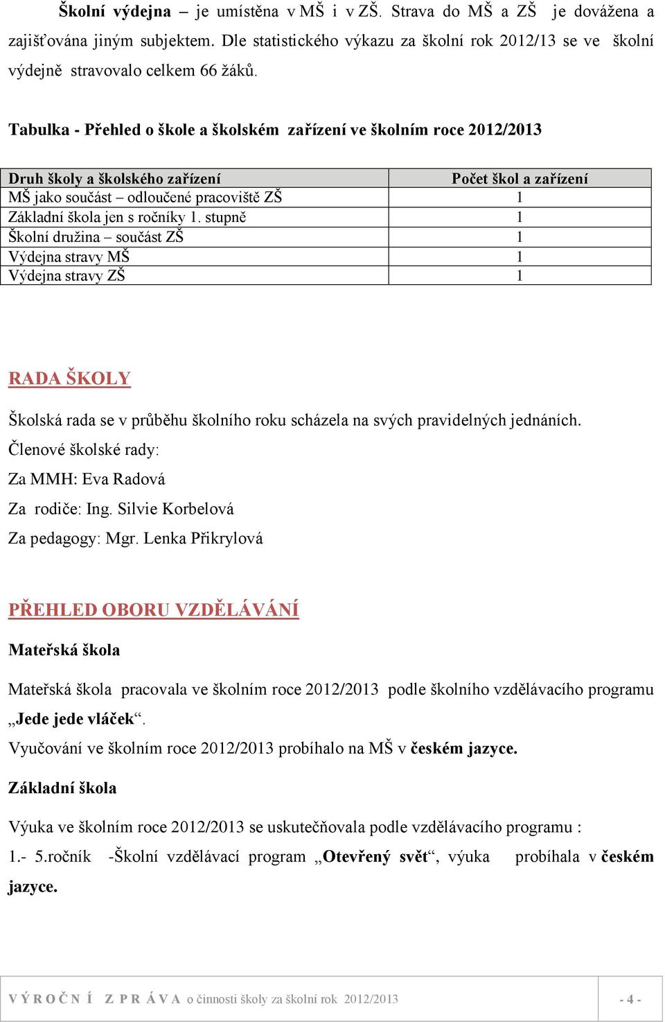 stupně 1 Školní družina součást ZŠ 1 Výdejna stravy MŠ 1 Výdejna stravy ZŠ 1 RADA ŠKOLY Školská rada se v průběhu školního roku scházela na svých pravidelných jednáních.