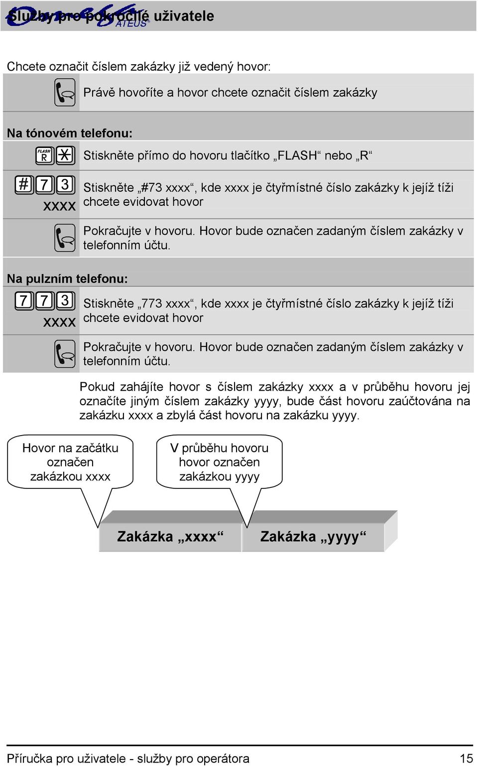 xxxx Stiskněte 773  Pokud zahájíte hovor s číslem zakázky xxxx a v průběhu hovoru jej označíte jiným číslem zakázky yyyy, bude část hovoru zaúčtována na zakázku xxxx a zbylá část hovoru na zakázku