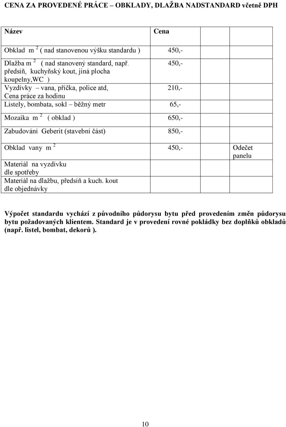 650,- Zabudování Geberit (stavební část) 850,- Obklad vany m 2 450,- Odečet panelu Materiál na vyzdívku dle spotřeby Materiál na dlažbu, předsíň a kuch.
