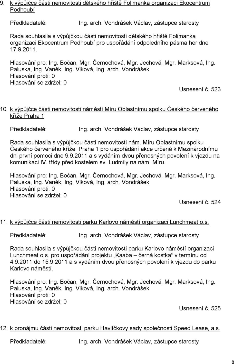 Hlasování pro: Ing. Bočan, Mgr. Černochová, Mgr. Jechová, Mgr. Marksová, Ing. Paluska, Ing. Vaněk, Ing. Vlková, Ing. arch. Vondrášek Hlasování proti: 0 Hlasování se zdržel: 0 Usnesení č. 523 10.