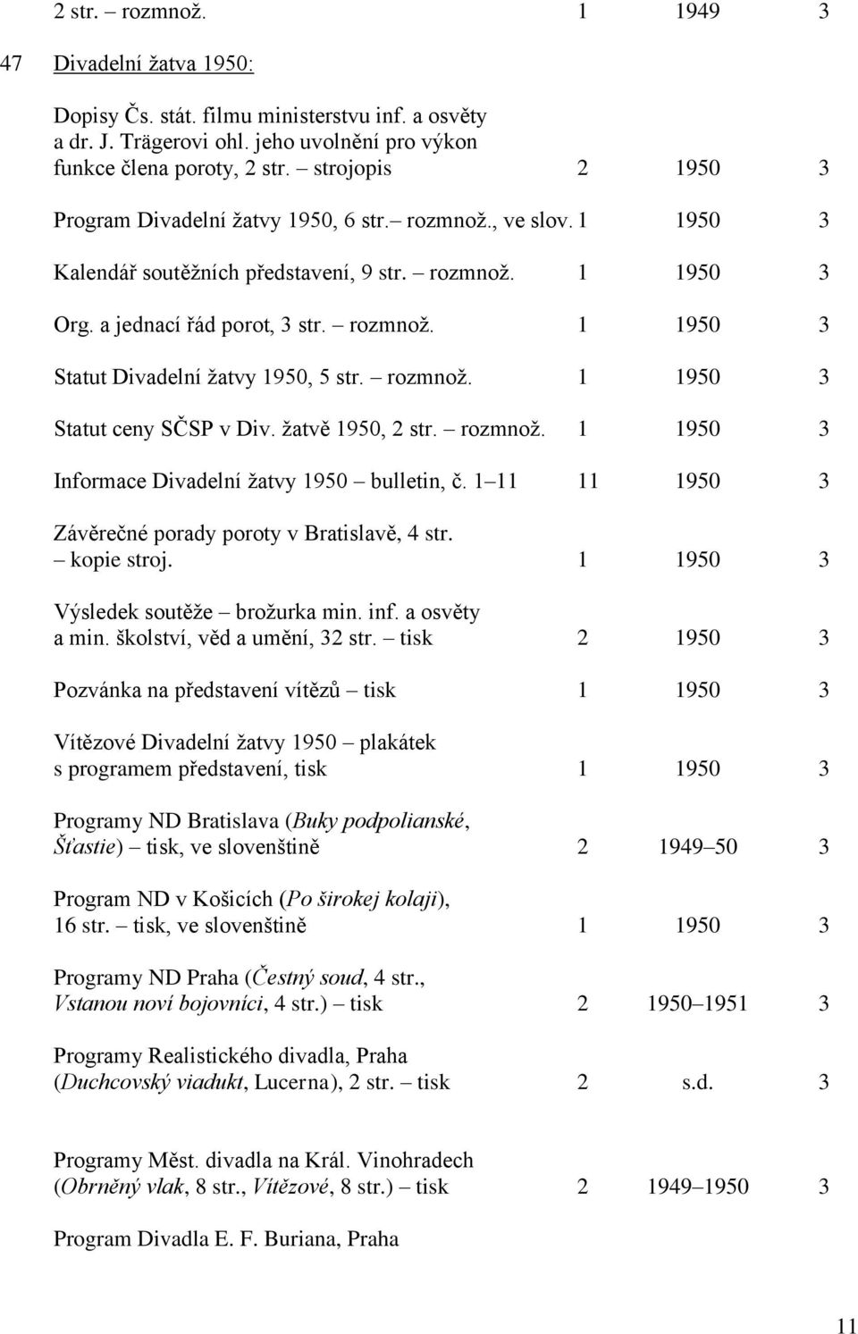 rozmnož. 1 1950 3 Statut ceny SČSP v Div. žatvě 1950, 2 str. rozmnož. 1 1950 3 Informace Divadelní žatvy 1950 bulletin, č. 1 11 11 1950 3 Závěrečné porady poroty v Bratislavě, 4 str. kopie stroj.