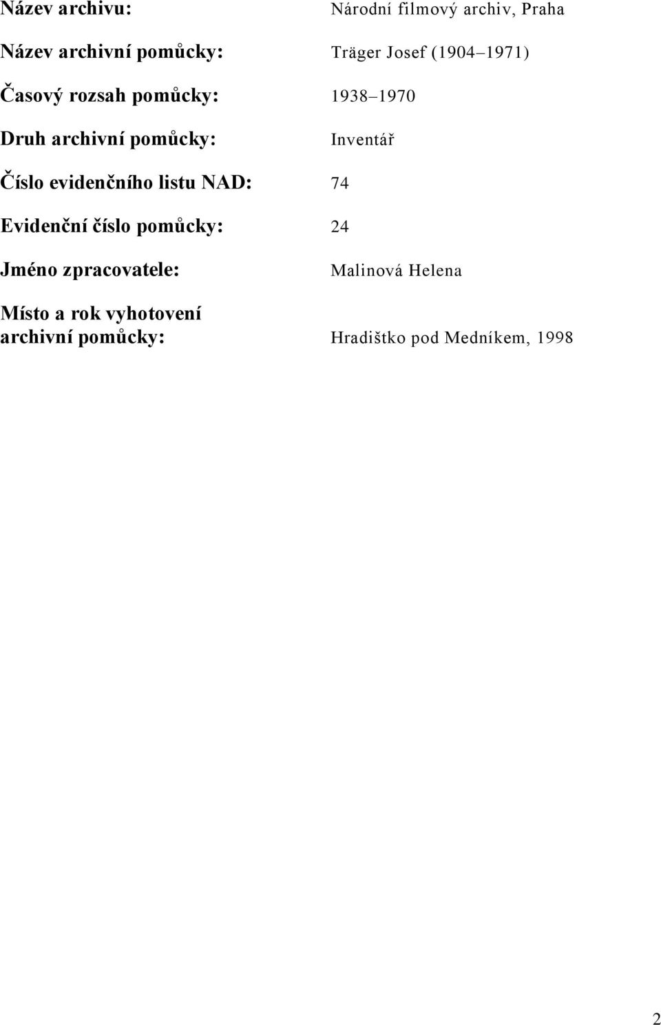 Číslo evidenčního listu NAD: 74 Evidenční číslo pomůcky: 24 Jméno zpracovatele: