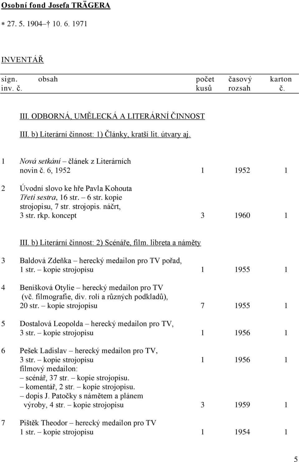 kopie strojopisu, 7 str. strojopis. náčrt, 3 str. rkp. koncept 3 1960 1 III. b) Literární činnost: 2) Scénáře, film. libreta a náměty 3 Baldová Zdeňka herecký medailon pro TV pořad, 1 str.