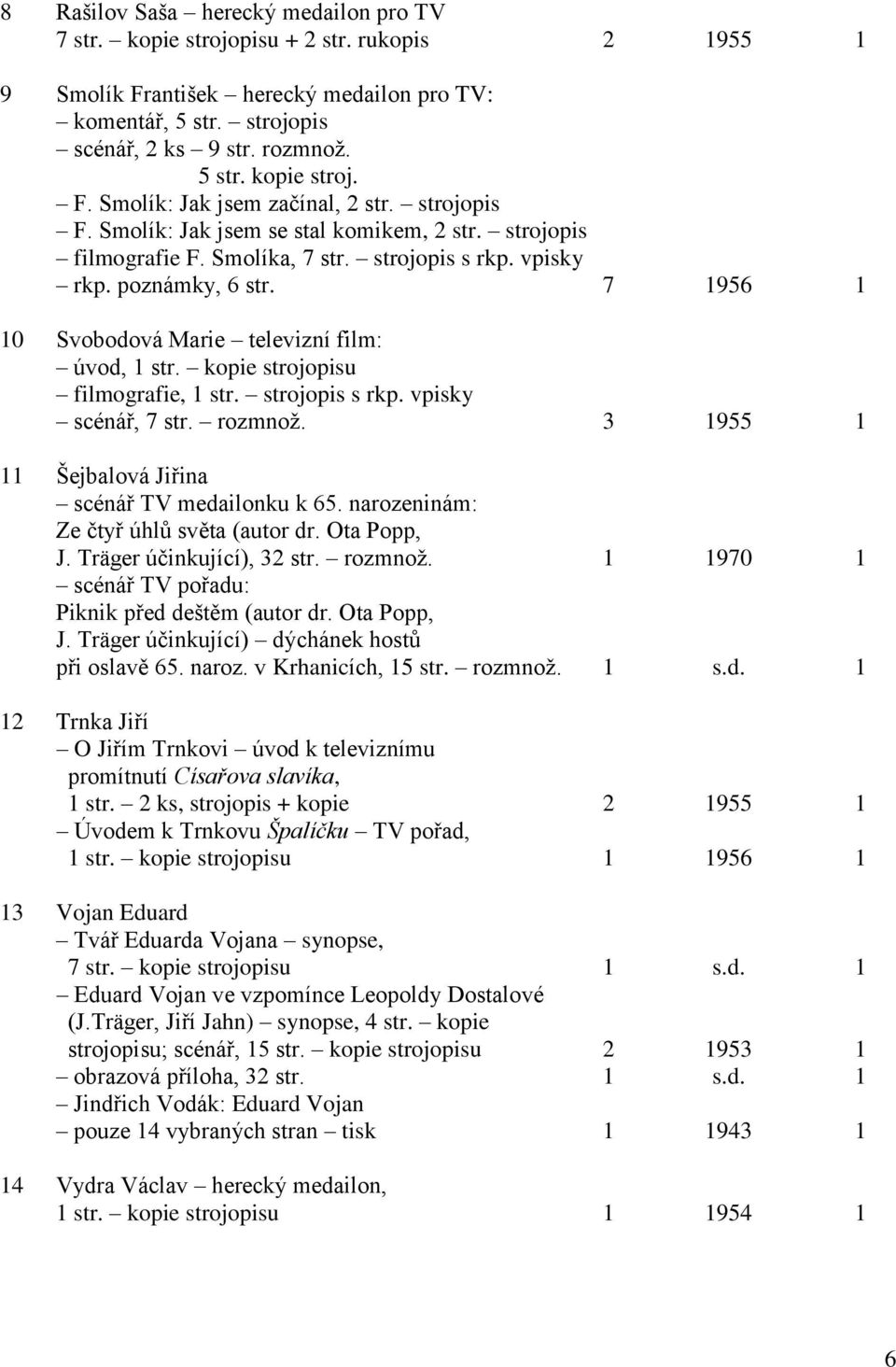 kopie strojopisu filmografie, 1 str. strojopis s rkp. vpisky scénář, 7 str. rozmnož. 3 1955 1 11 Šejbalová Jiřina scénář TV medailonku k 65. narozeninám: Ze čtyř úhlů světa (autor dr. Ota Popp, J.