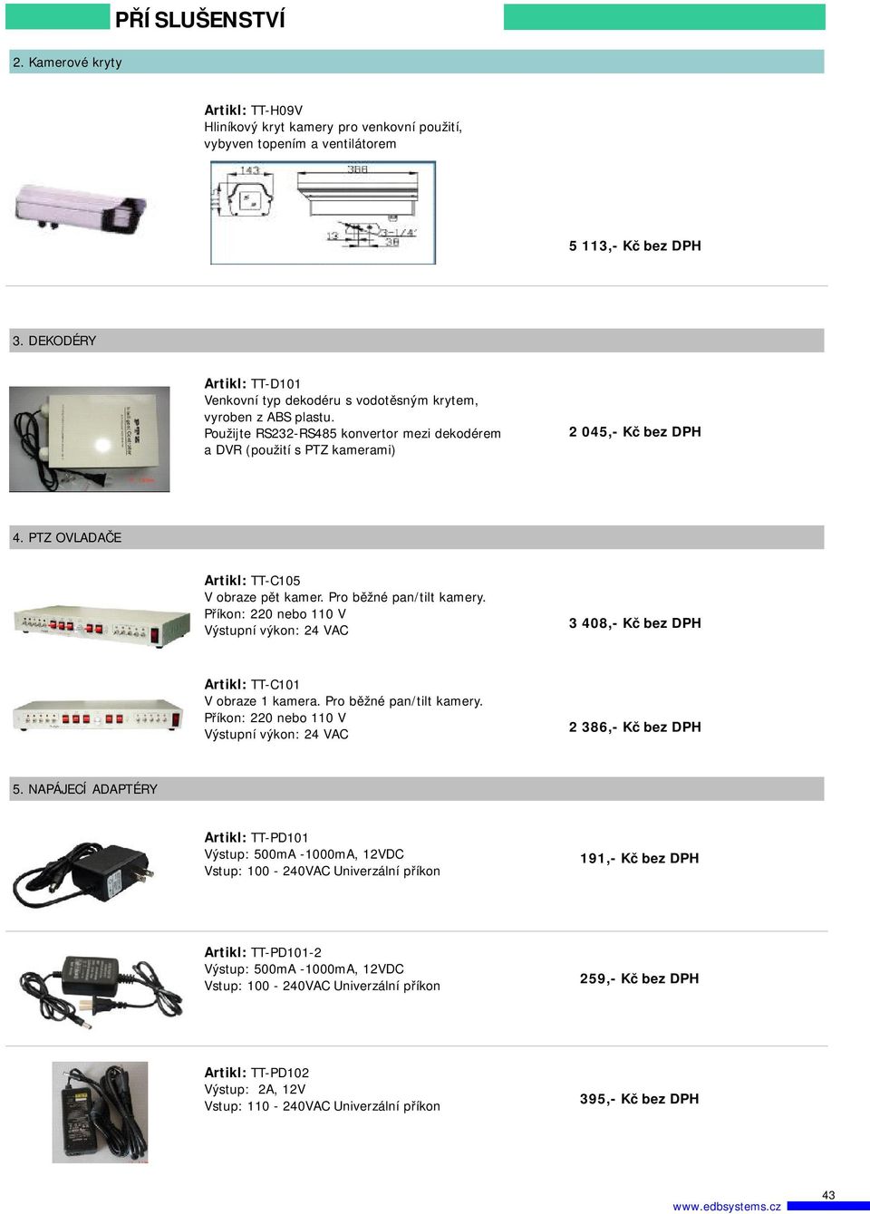 ABS plastu. Použijte RS232-RS485 konvertor mezi dekodérem a DVR(použití s PTZ kamerami) TT- C105 V obraze pět kamer. Pro běžné pan/tilt kamery.