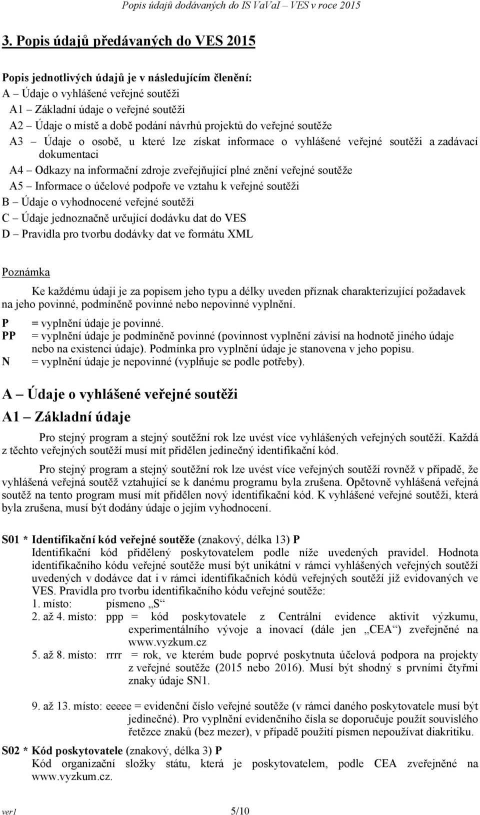 soutěže A5 Informace o účelové podpoře ve vztahu k veřejné soutěži B Údaje o vyhodnocené veřejné soutěži C Údaje jednoznačně určující dodávku dat do VES D Pravidla pro tvorbu dodávky dat ve formátu