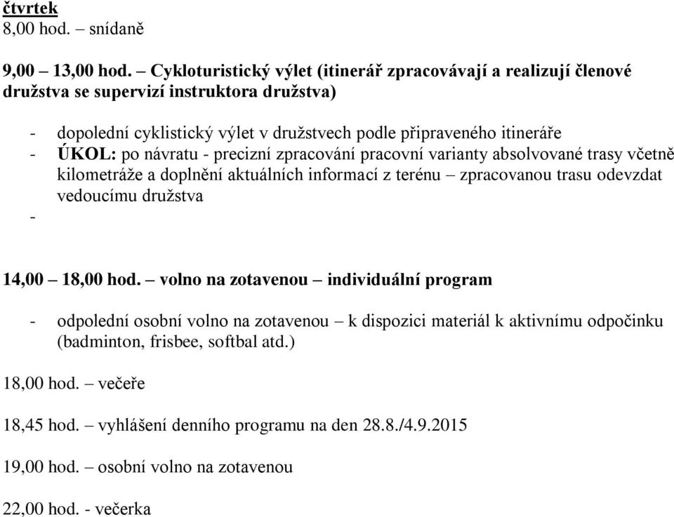 připraveného itineráře - ÚKOL: po návratu - precizní zpracování pracovní varianty absolvované trasy včetně kilometráže a doplnění aktuálních informací z terénu