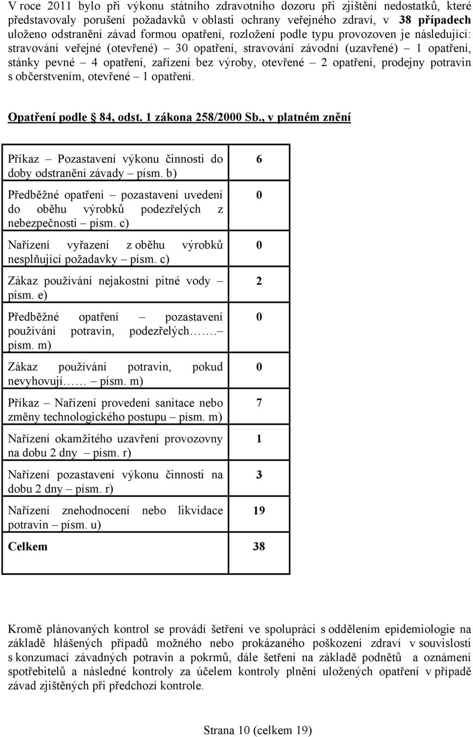 otevřené 2 opatření, prodejny potravin s občerstvením, otevřené 1 opatření. Opatření podle 84, odst. 1 zákona 258/2000 Sb.