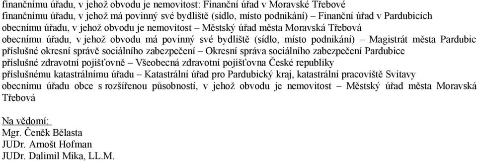 sociálního zabezpečení Okresní správa sociálního zabezpečení Pardubice příslušné zdravotní pojišťovně Všeobecná zdravotní pojišťovna České republiky příslušnému katastrálnímu úřadu Katastrální úřad