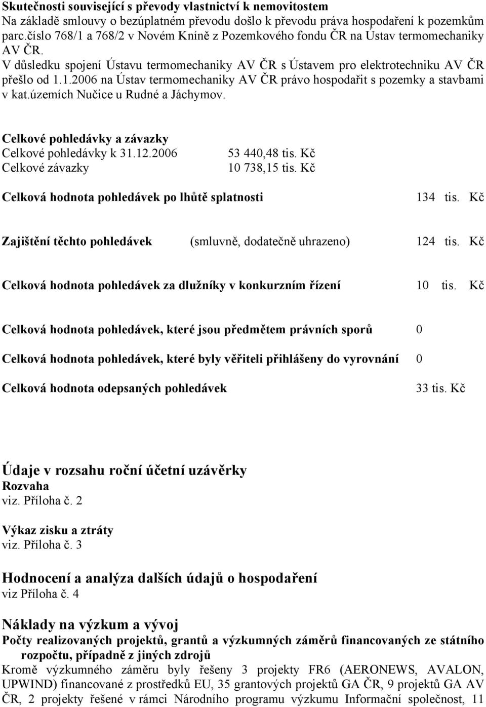 územích Nučice u Rudné a Jáchymov. Celkové pohledávky a závazky Celkové pohledávky k 31.12.2006 Celkové závazky 53 440,48 tis. Kč 10 738,15 tis.