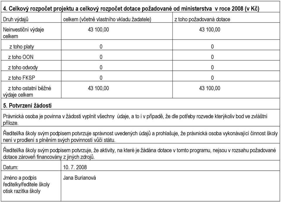 Potvrzení žádosti 43 100,00 43 100,00 Právnická osoba je povinna v žádosti vyplnit všechny údaje, a to i v případě, že dle potřeby rozvede kterýkoliv bod ve zvláštní příloze.