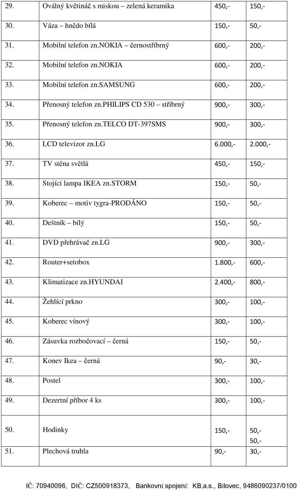 TV stěna světlá 450,- 150,- 38. Stojící lampa IKEA zn.storm 150,- 50,- 39. Koberec motiv tygra-prodáno 150,- 50,- 40. Deštník bílý 150,- 50,- 41. DVD přehrávač zn.lg 900,- 300,- 42. Router+setobox 1.