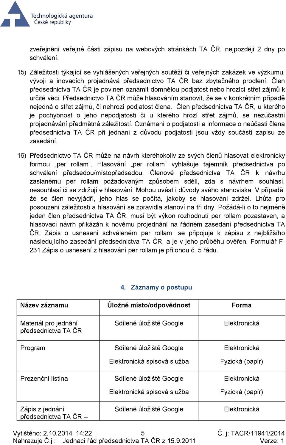 Člen předsednictva TA ČR je povinen oznámit domnělou podjatost nebo hrozící střet zájmů k určité věci.