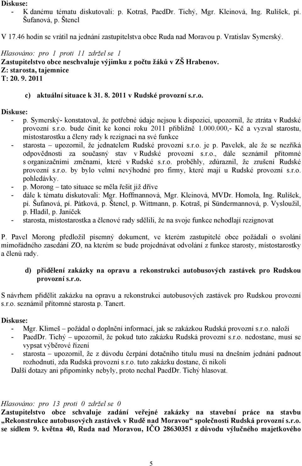 2011 v Rudské provozní s.r.o. - p. Symerský- konstatoval, že potřebné údaje nejsou k dispozici, upozornil, že ztráta v Rudské provozní s.r.o. bude činit ke konci roku 2011 přibližně 1.000.