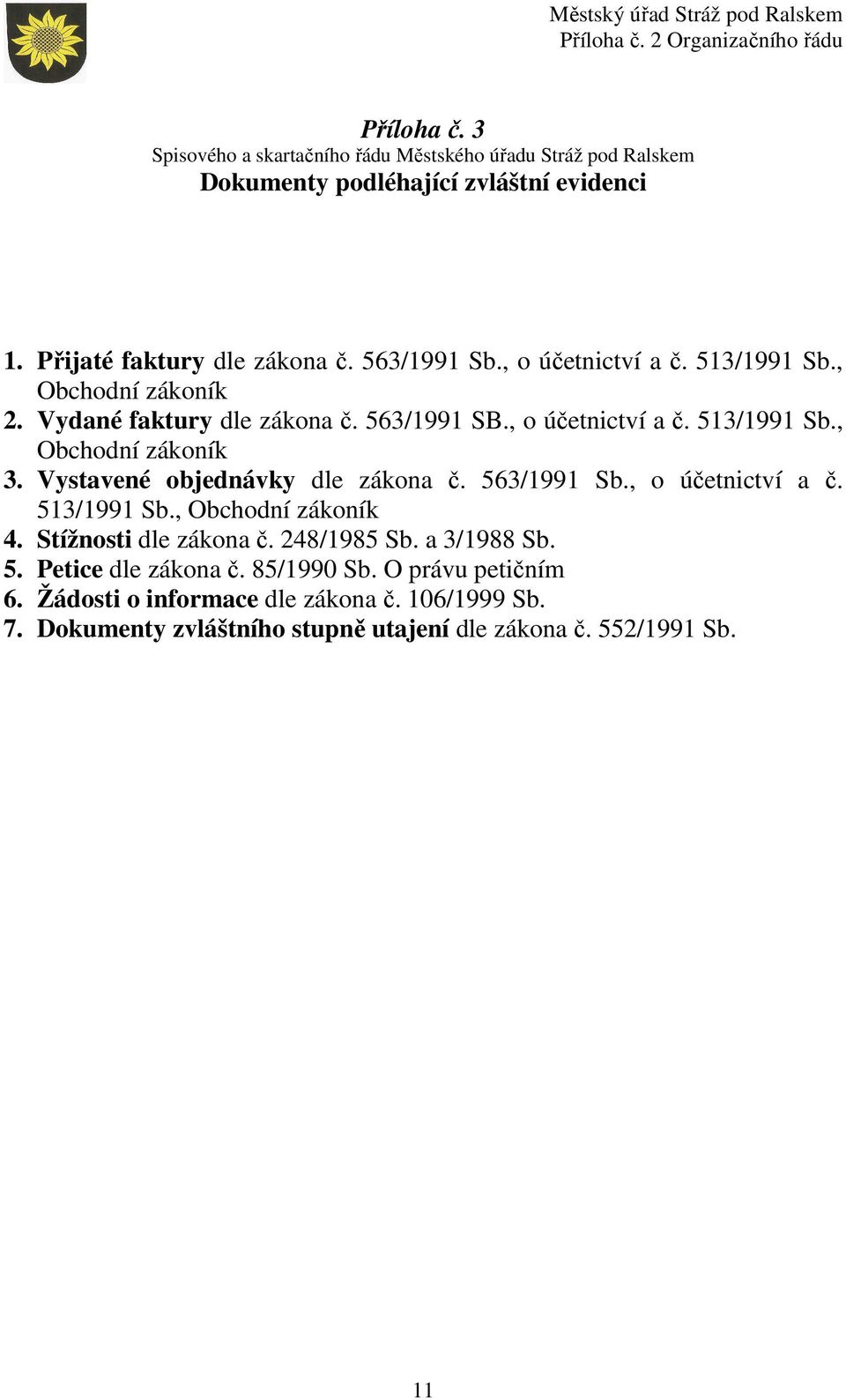 Vystavené objednávky dle zákona č. 563/1991 Sb., o účetnictví a č. 513/1991 Sb., Obchodní zákoník 4. Stížnosti dle zákona č. 248/1985 Sb. a 3/1988 Sb. 5. Petice dle zákona č.