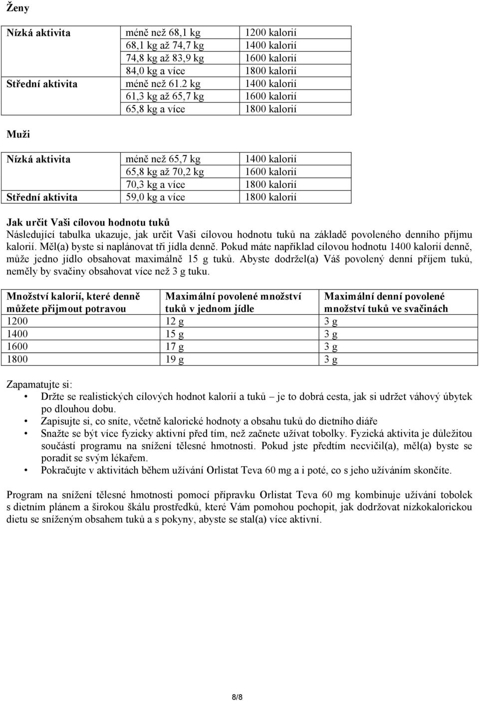 aktivita 59,0 kg a více 1800 kalorií Jak určit Vaši cílovou hodnotu tuků Následující tabulka ukazuje, jak určit Vaši cílovou hodnotu tuků na základě povoleného denního příjmu kalorií.