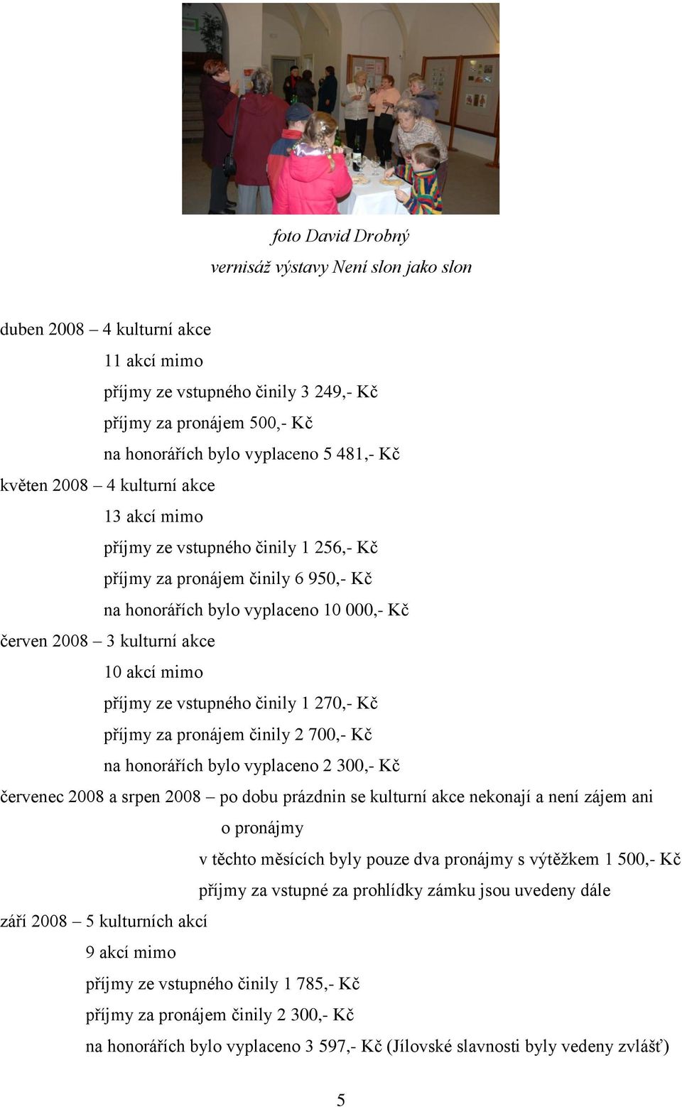 mimo příjmy ze vstupného činily 1 270,- Kč příjmy za pronájem činily 2 700,- Kč na honorářích bylo vyplaceno 2 300,- Kč červenec 2008 a srpen 2008 po dobu prázdnin se kulturní akce nekonají a není