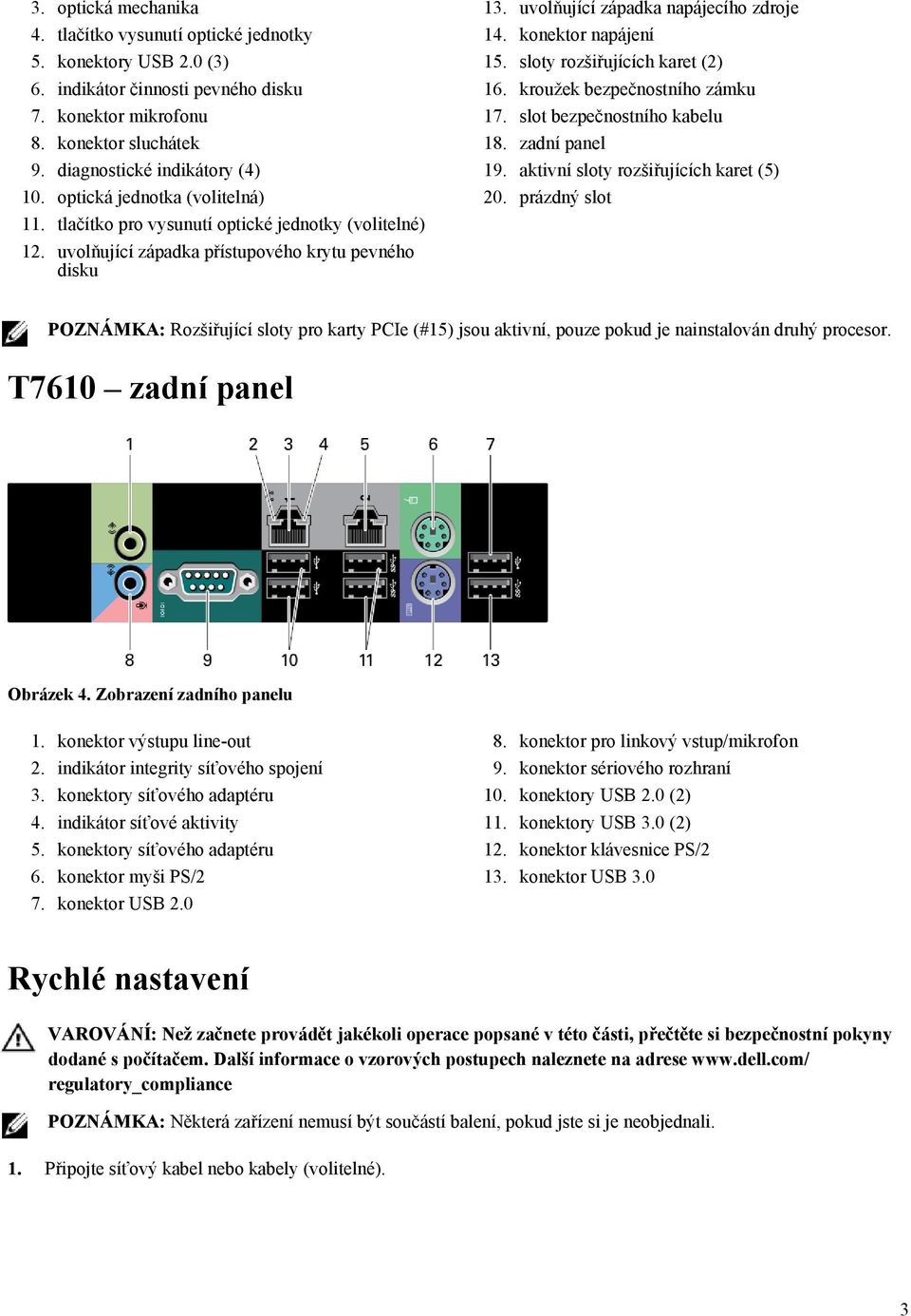 konektor napájení 15. sloty rozšiřujících karet (2) 16. kroužek bezpečnostního zámku 17. slot bezpečnostního kabelu 18. zadní panel 19. aktivní sloty rozšiřujících karet (5) 20.