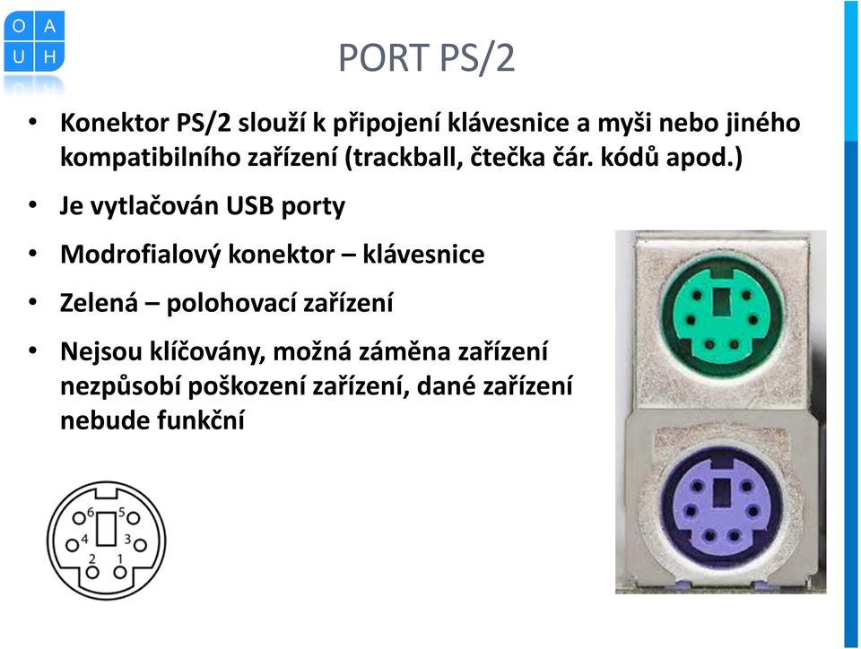 ) Je vytlačován USB porty Modrofialový konektor klávesnice Zelená polohovací