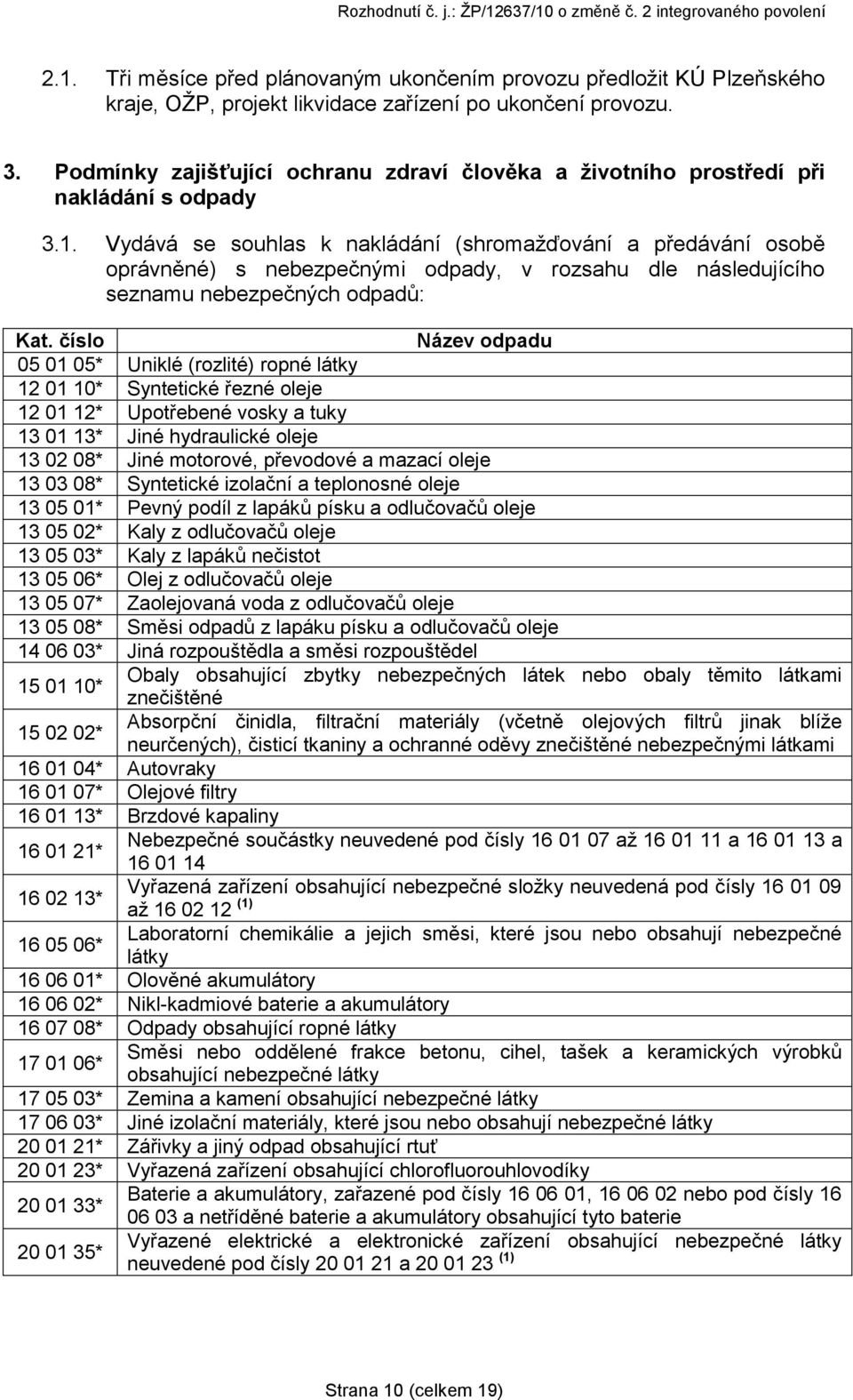 Vydává se souhlas k nakládání (shromaţďování a předávání osobě oprávněné) s nebezpečnými odpady, v rozsahu dle následujícího seznamu nebezpečných odpadů: Kat.