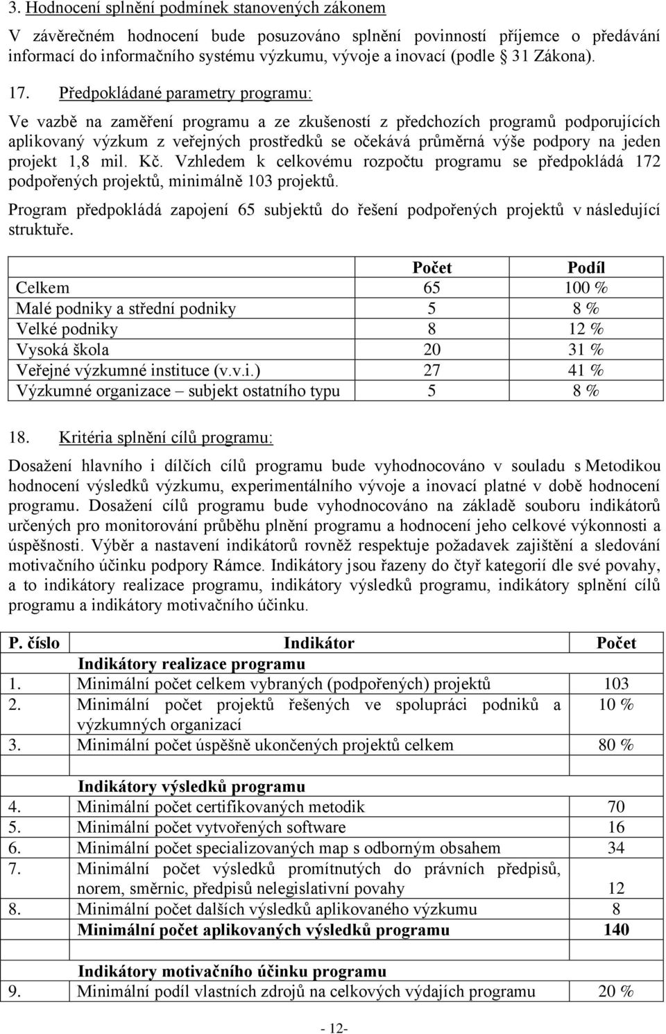 Předpokládané parametry programu: Ve vazbě na zaměření programu a ze zkušeností z předchozích programů podporujících aplikovaný výzkum z veřejných prostředků se očekává průměrná výše podpory na jeden