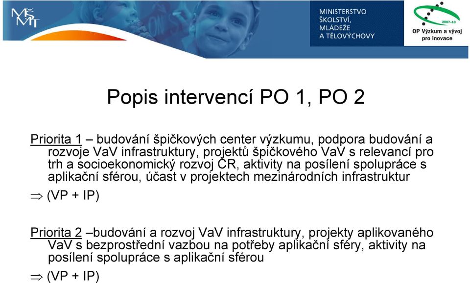 sférou, účast v projektech mezinárodních infrastruktur (VP + IP) Priorita 2 budování a rozvoj VaV infrastruktury, projekty