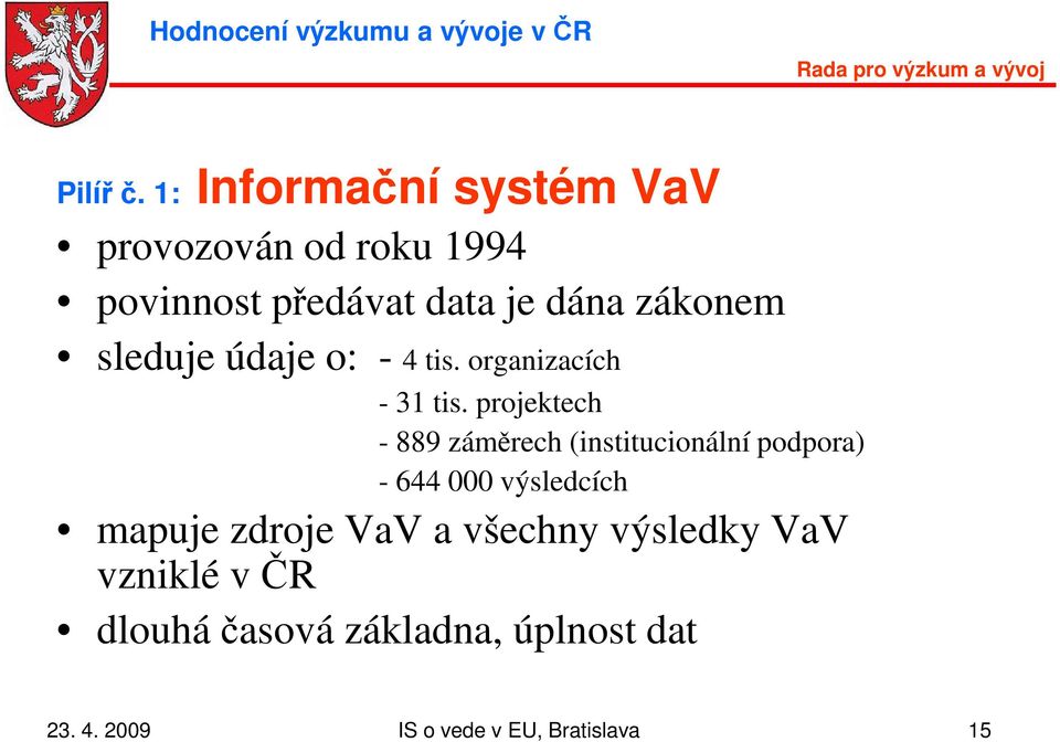 zákonem sleduje údaje o: - 4 tis. organizacích - 31 tis.