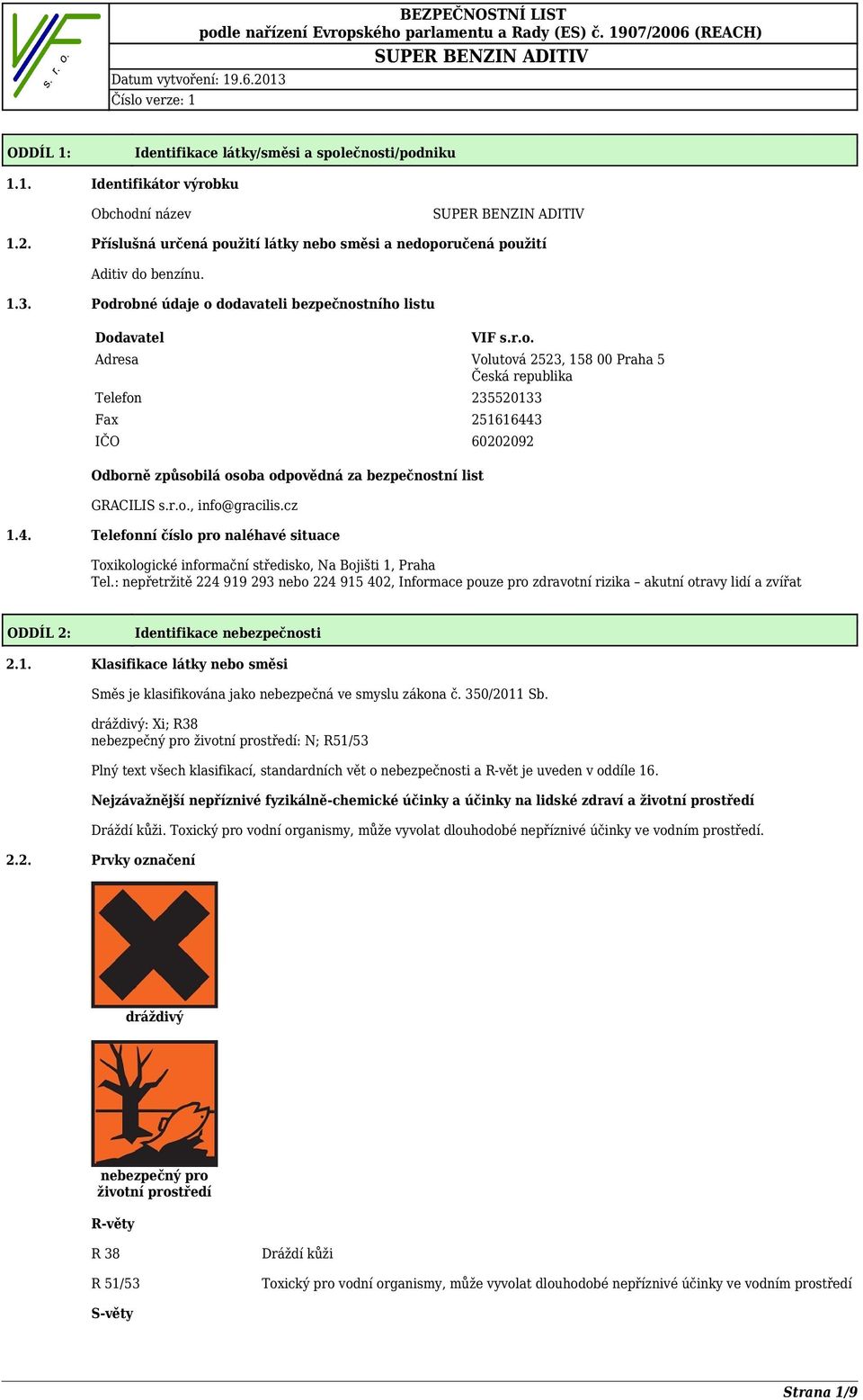 r.o., info@gracilis.cz 1.4. Telefonní číslo pro naléhavé situace Toxikologické informační středisko, Na Bojišti 1, Praha Tel.