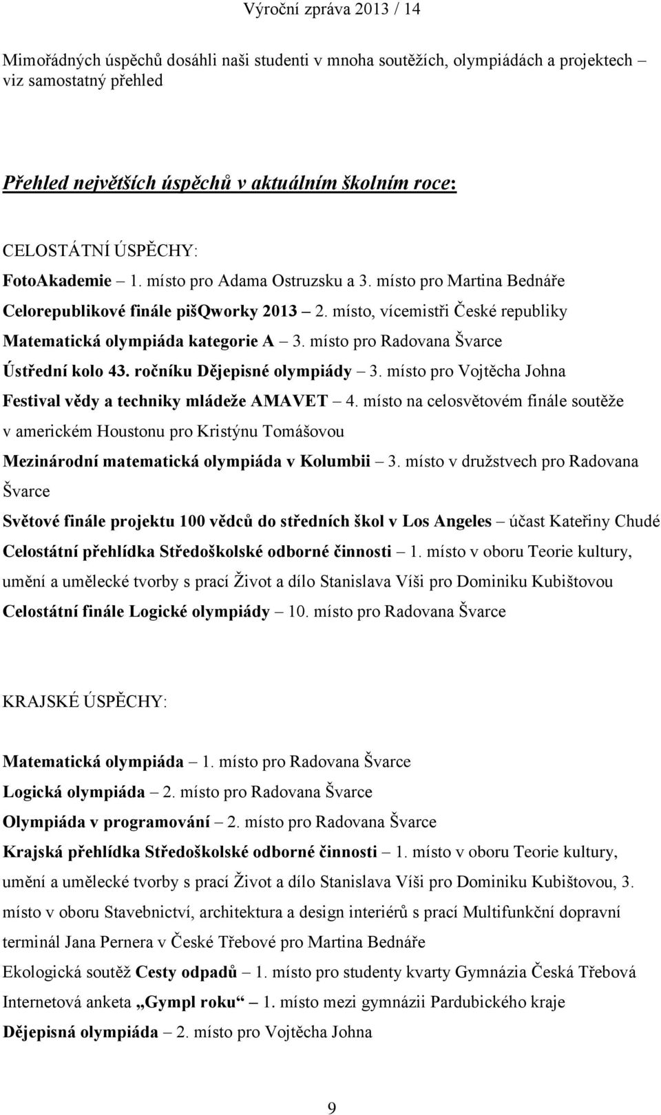 místo pro Radovana Švarce Ústřední kolo 43. ročníku Dějepisné olympiády 3. místo pro Vojtěcha Johna Festival vědy a techniky mládeže AMAVET 4.