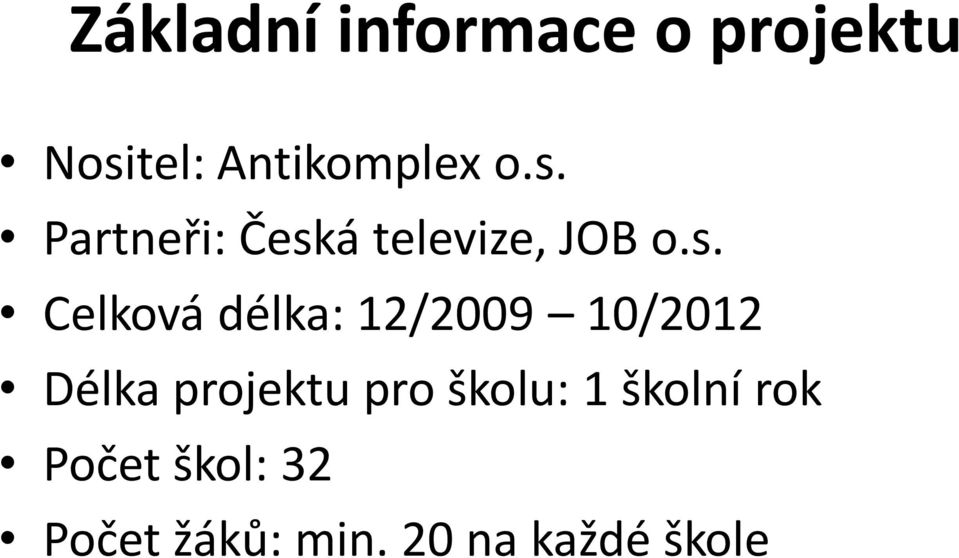 12/2009 10/2012 Délka projektu pro školu: 1 školní