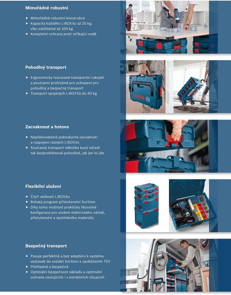 různých L-BOXXů Současný transport několika kusů nářadí tak bezproblémově pohodlně, jak jen to jde Flexibilní uložení Čtyři velikosti L-BOXXu Bohatý program příslušenství Sortimo Díky tomu možnost