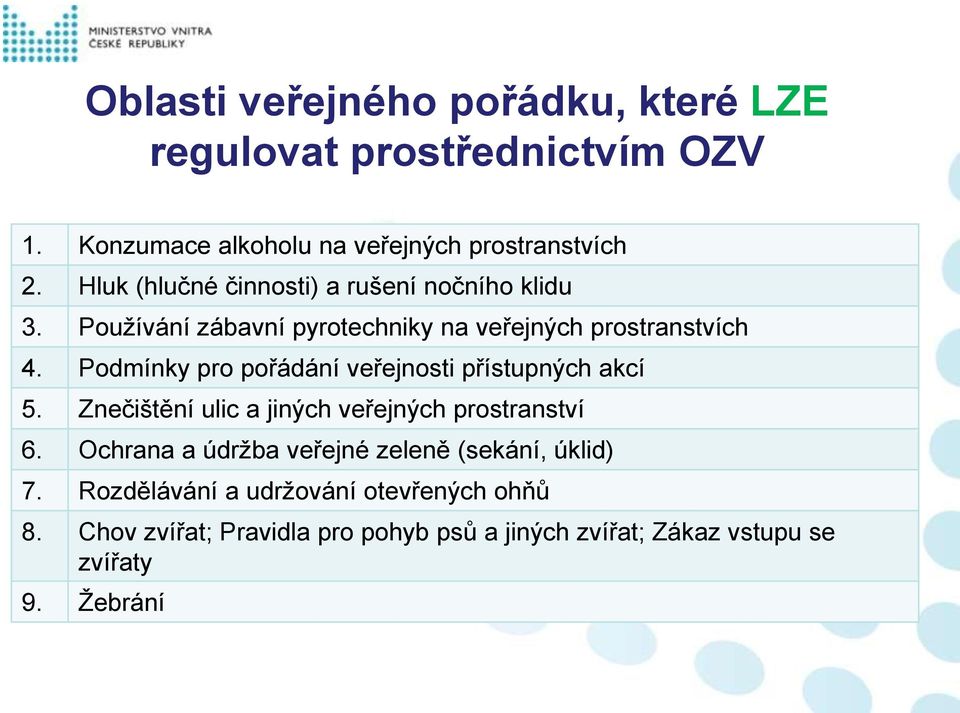 Podmínky pro pořádání veřejnosti přístupných akcí 5. Znečištění ulic a jiných veřejných prostranství 6.