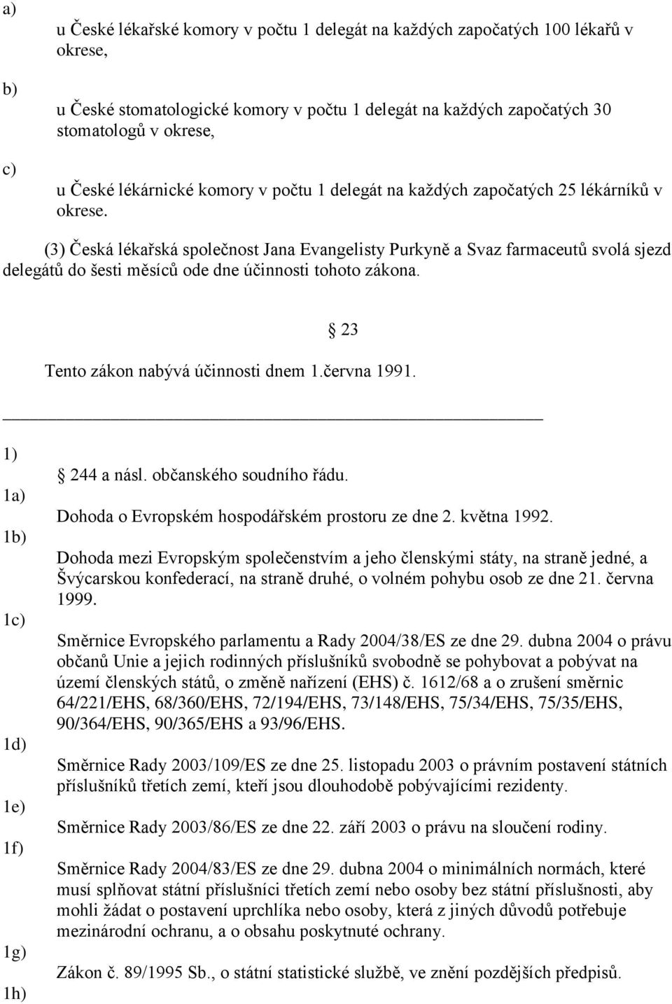 (3) Česká lékařská společnost Jana Evangelisty Purkyně a Svaz farmaceutů svolá sjezd delegátů do šesti měsíců ode dne účinnosti tohoto zákona. 23 Tento zákon nabývá účinnosti dnem 1.června 1991.