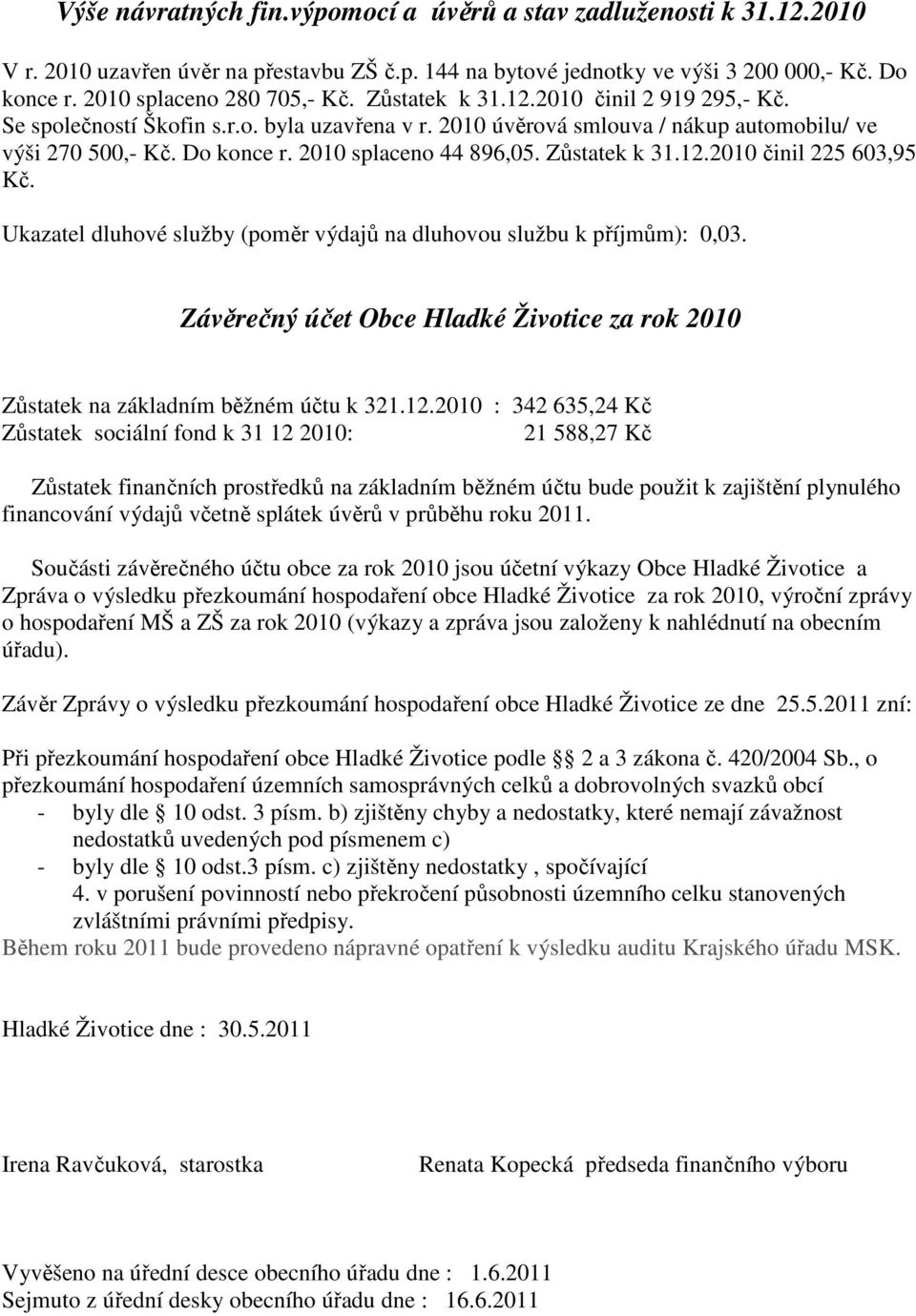 Zůstatek k 31.12.2010 činil 225 603,95 Kč. Ukazatel dluhové služby (poměr výdajů na dluhovou službu k příjmům): 0,03.