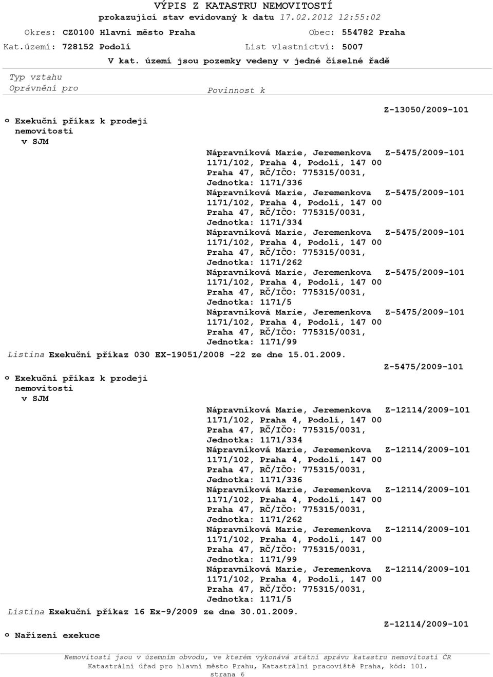 101 101 Listina Exekuční příkaz 030 EX-19051/2008-22 ze dne 15.01.2009.