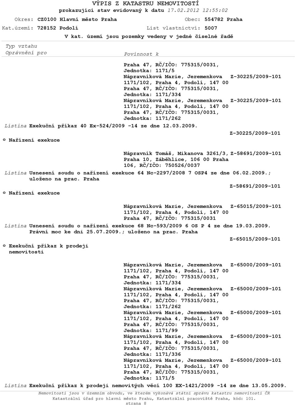 14 ze dne 12.03.2009. Z-30225/2009-101 Nápravník Tomáš, Mikanova 3261/3, Z-58691/2009-101 106, RČ/IČO: 750526/0037 Listina Usnesení soudu o nařízení exekuce 64 Nc-2297/2008 7 OSP4 ze dne 06.02.2009.; Z-58691/2009-101 Nápravníková Marie, Jeremenkova Z-65015/2009-101 Listina Usnesení soudu o nařízení exekuce 68 Nc-593/2009 6 OS P 4 ze dne 19.