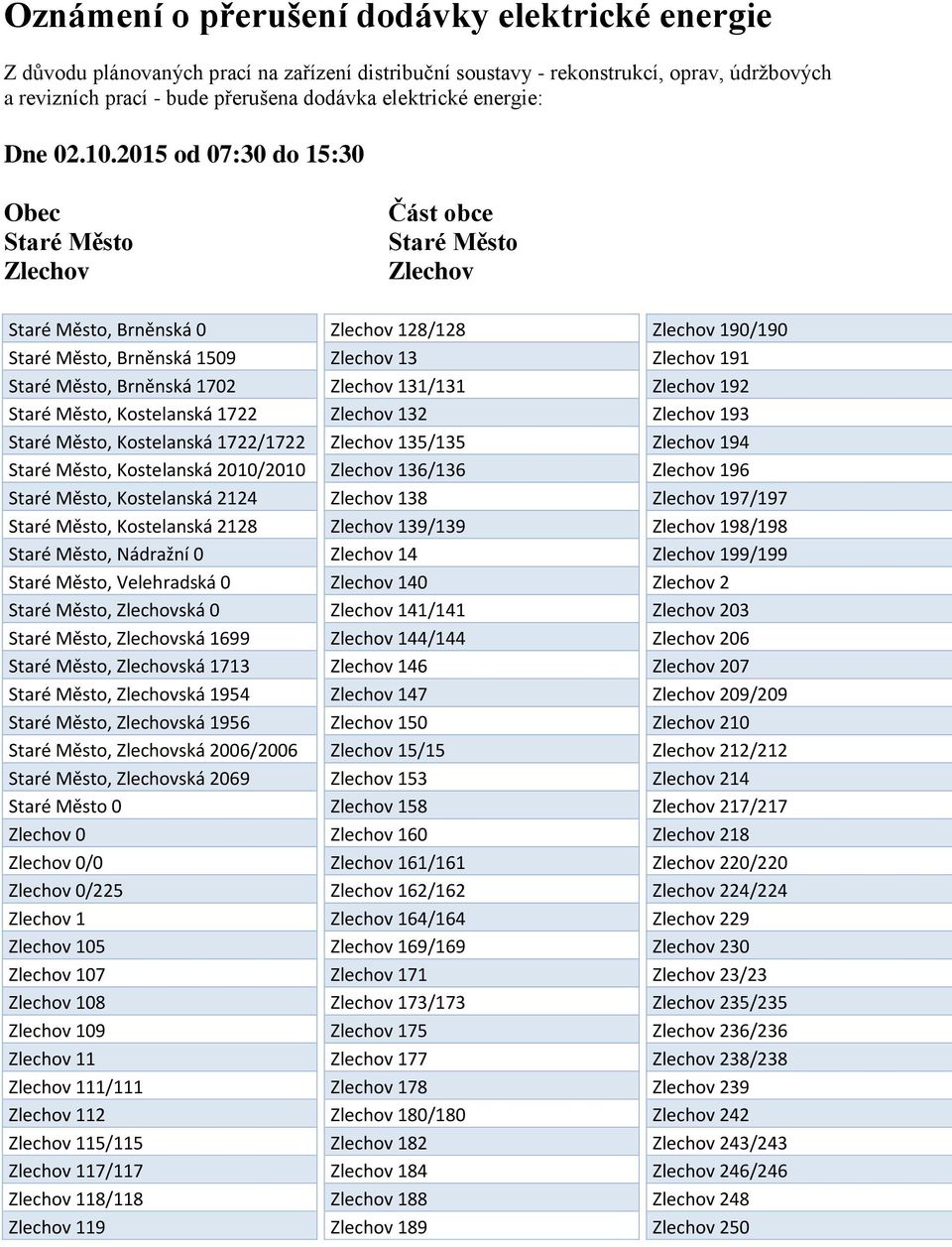 2015 od 07:30 do 15:30 Obec Staré Město Zlechov Část obce Staré Město Zlechov Staré Město, Brněnská 0 Staré Město, Brněnská 1509 Staré Město, Brněnská 1702 Staré Město, Kostelanská 1722 Staré Město,