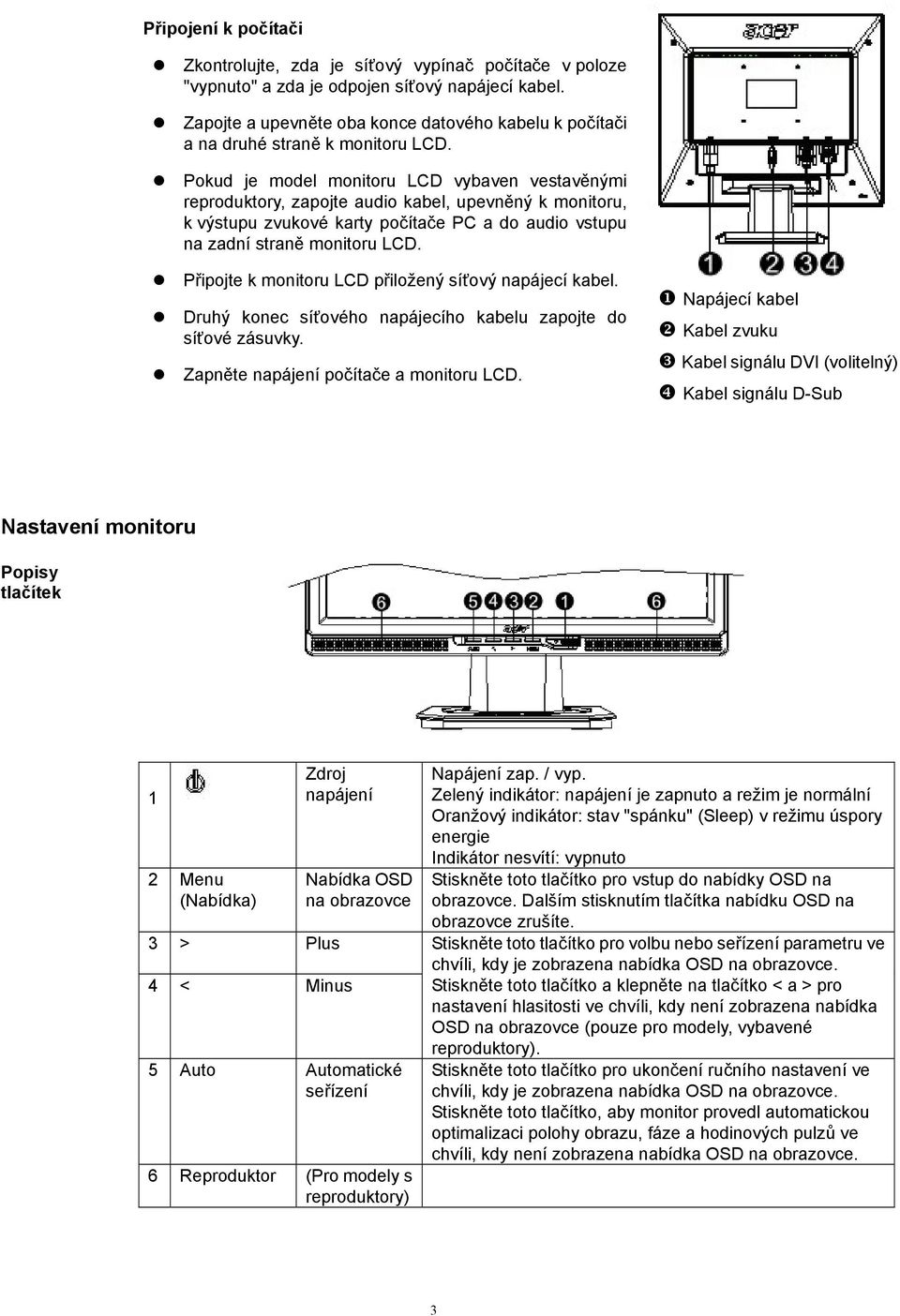 Pokud je model monitoru LCD vybaven vestavěnými reproduktory, zapojte audio kabel, upevněný k monitoru, k výstupu zvukové karty počítače PC a do audio vstupu na zadní straně monitoru LCD.