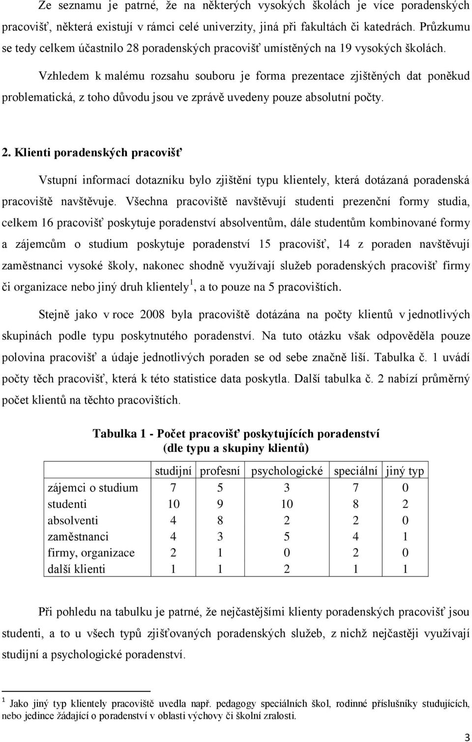 Vzhledem k malému rozsahu souboru je forma prezentace zjištěných dat poněkud problematická, z toho důvodu jsou ve zprávě uvedeny pouze absolutní počty. 2.