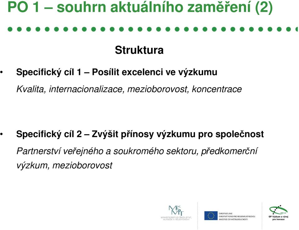 koncentrace Specifický cíl 2 Zvýšit přínosy výzkumu pro společnost