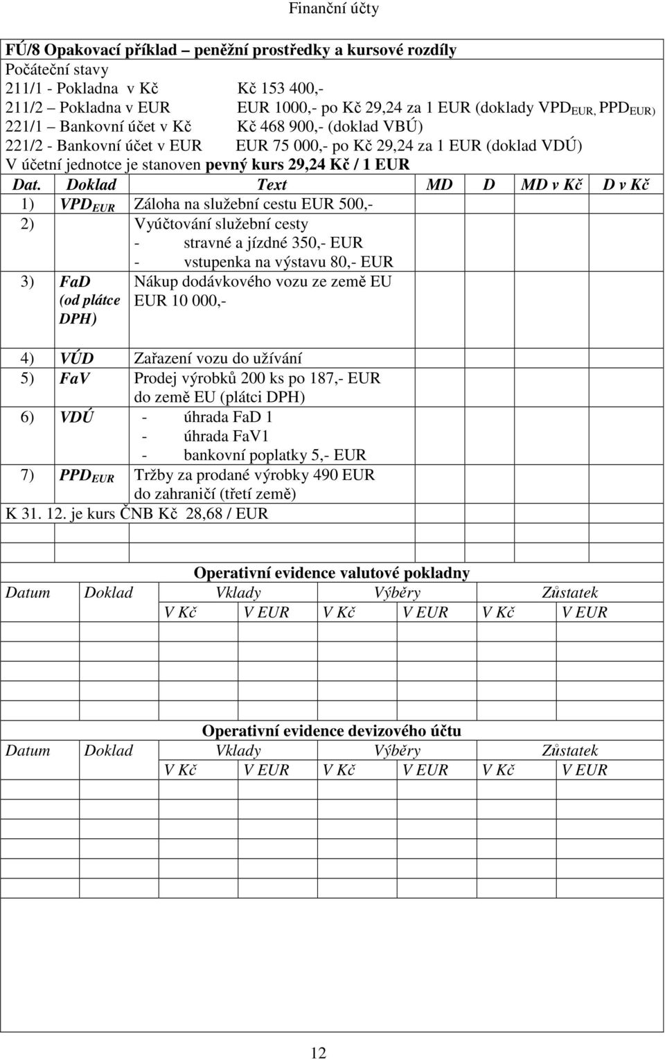 Záloha na služební cestu EUR 500,- 2) Vyúčtování služební cesty - stravné a jízdné 350,- EUR - vstupenka na výstavu 80,- EUR 3) FaD (od plátce DPH) Nákup dodávkového vozu ze země EU EUR 10 000,- 4)