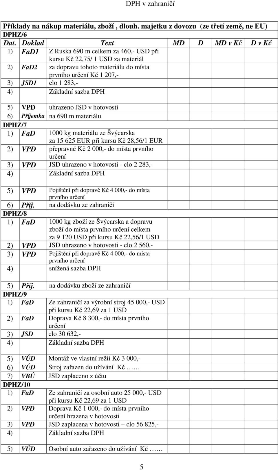 3) JSD1 clo 1 283,- 4) Základní sazba DPH 5) VPD uhrazeno JSD v hotovosti 6) Příjemka na 690 m materiálu DPHZ/7 1) FaD 1000 kg materiálu ze Švýcarska za 15 625 EUR při kursu Kč 28,56/1 EUR 2) VPD