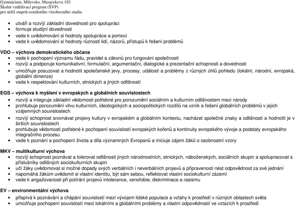 rzvíjí a pdpruje kmunikativní, frmulační, argumentační, dialgické a prezentační schpnsti a dvednsti umžňuje psuzvat a hdntit splečenské jevy, prcesy, událsti a prblémy z různých úhlů phledu (lkální,