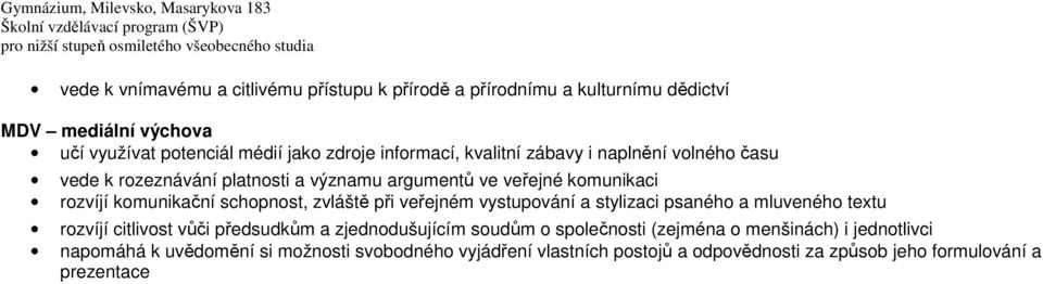 argumentů ve veřejné kmunikaci rzvíjí kmunikační schpnst, zvláště při veřejném vystupvání a stylizaci psanéh a mluvenéh textu rzvíjí citlivst vůči předsudkům a