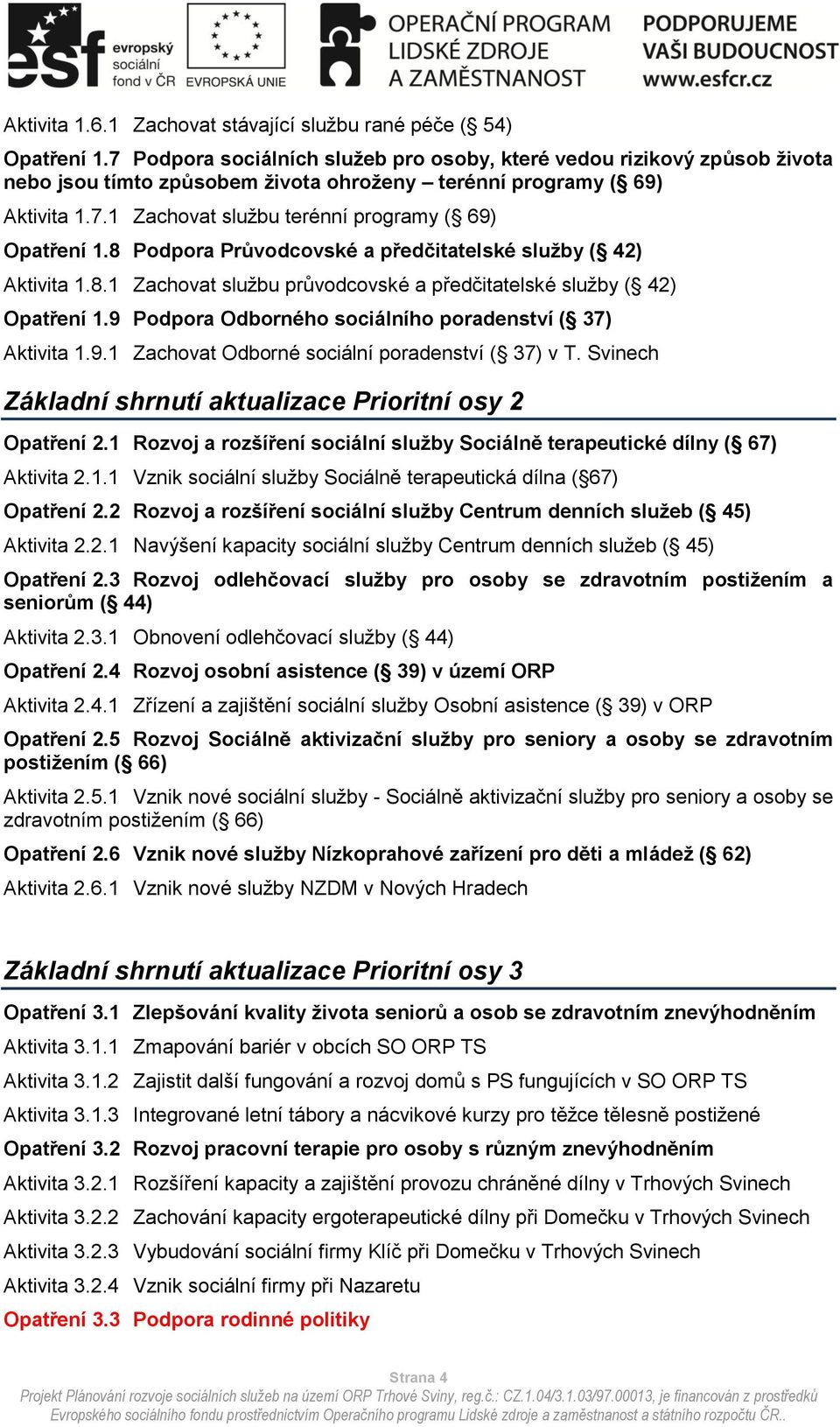 8 Podpora Průvodcovské a předčitatelské služby ( 42) Aktivita 1.8.1 Zachovat službu průvodcovské a předčitatelské služby ( 42) Opatření 1.9 Podpora Odborného sociálního poradenství ( 37) Aktivita 1.9.1 Zachovat Odborné sociální poradenství ( 37) v T.