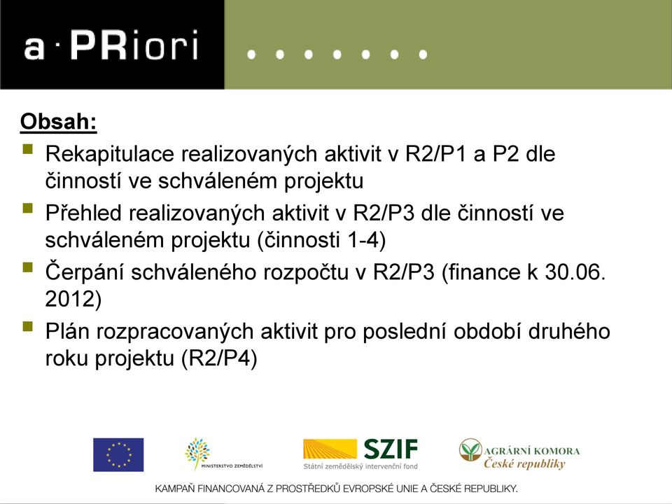 schváleném projektu (činnosti 1-4) Čerpání schváleného rozpočtu v R2/P3